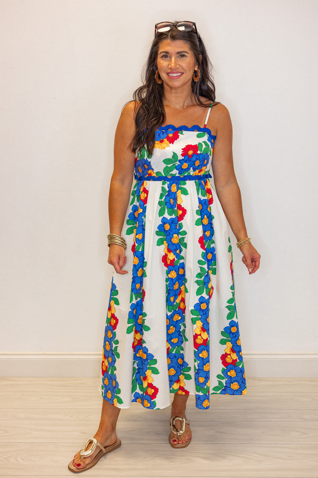 hawaii floral blue ric rac trim midi dress