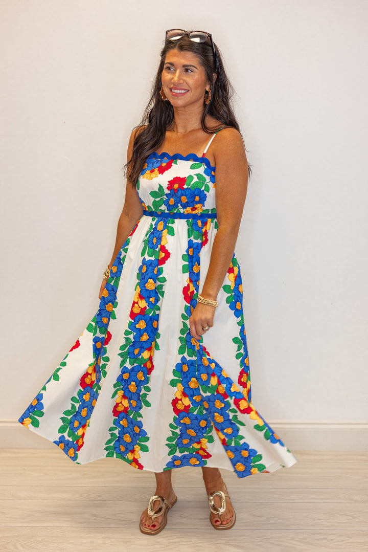 hawaii floral blue ric rac trim midi dress