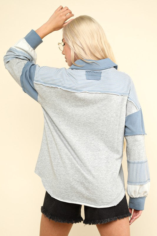 Very J Heather grey and blue striped colorblock french terry knit pullover top with collar 