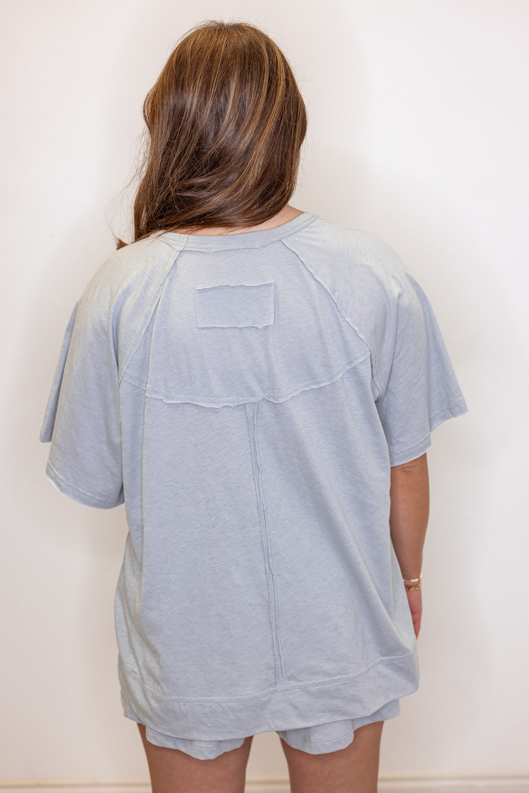 Grey cotton slub knit shorts and top set by Rae Mode showing up close back view