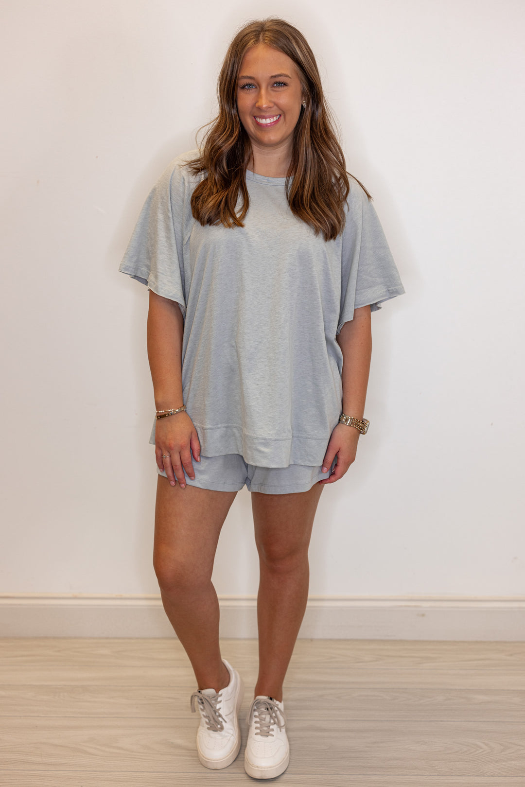 Grey cotton slub knit shorts and top set by Rae Mode showing full front view