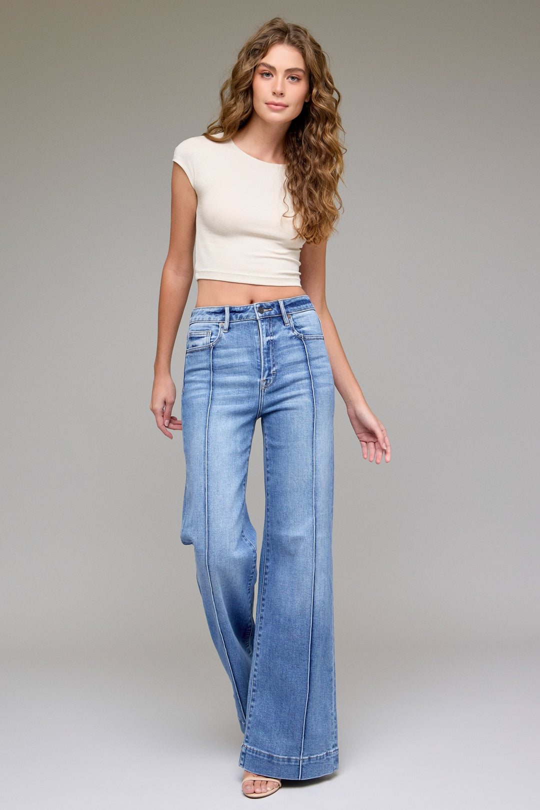 Hidden Jeans Happi comfort flare jeans in medium dark wash with pintuck detail showing full front view