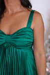 emerald green satin pleated midi dress