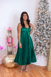 emerald green satin pleated midi dress