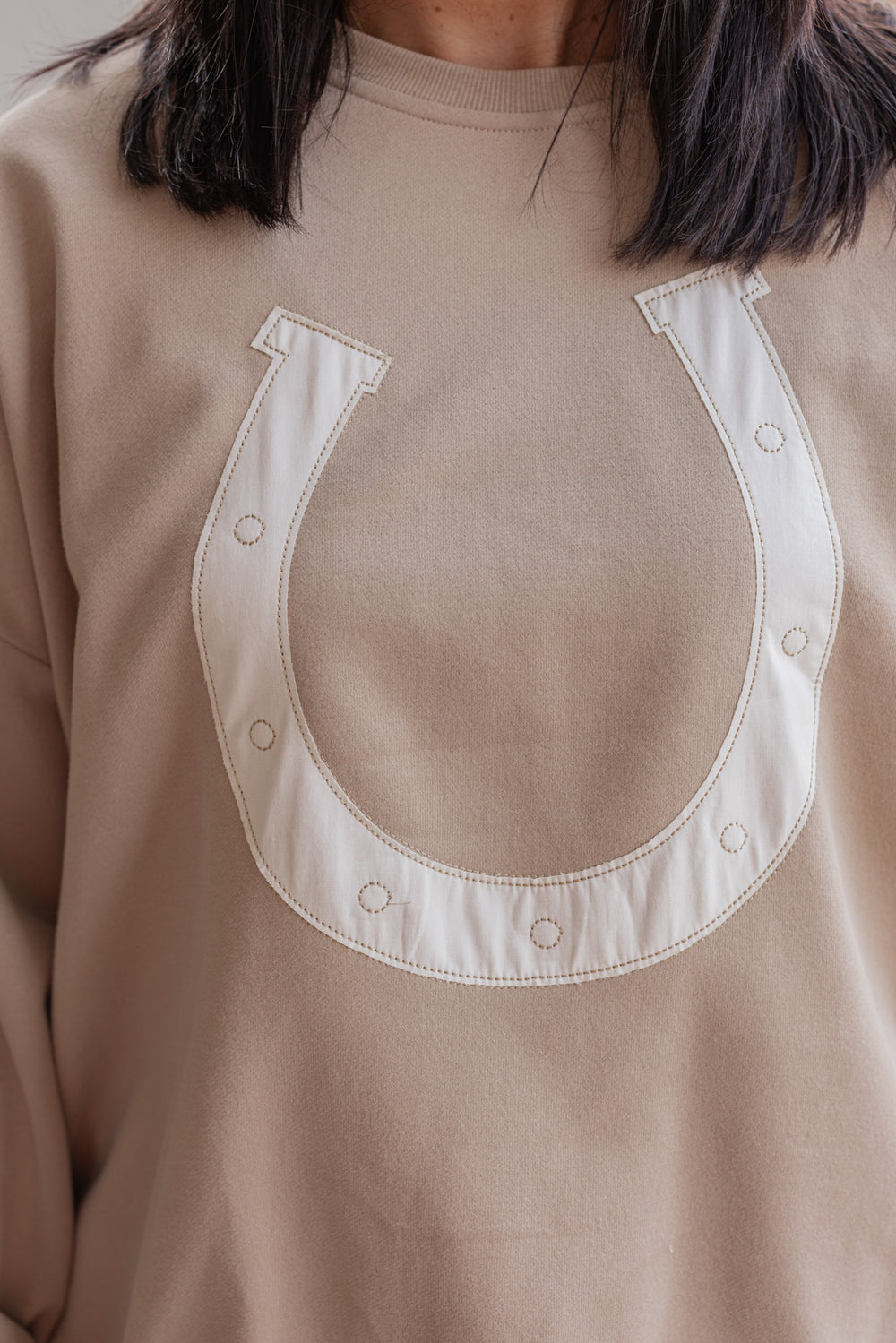 Women's taupe terry knit pullover sweatshirt with a white horseshoe on front by Wishlist showing up close front view