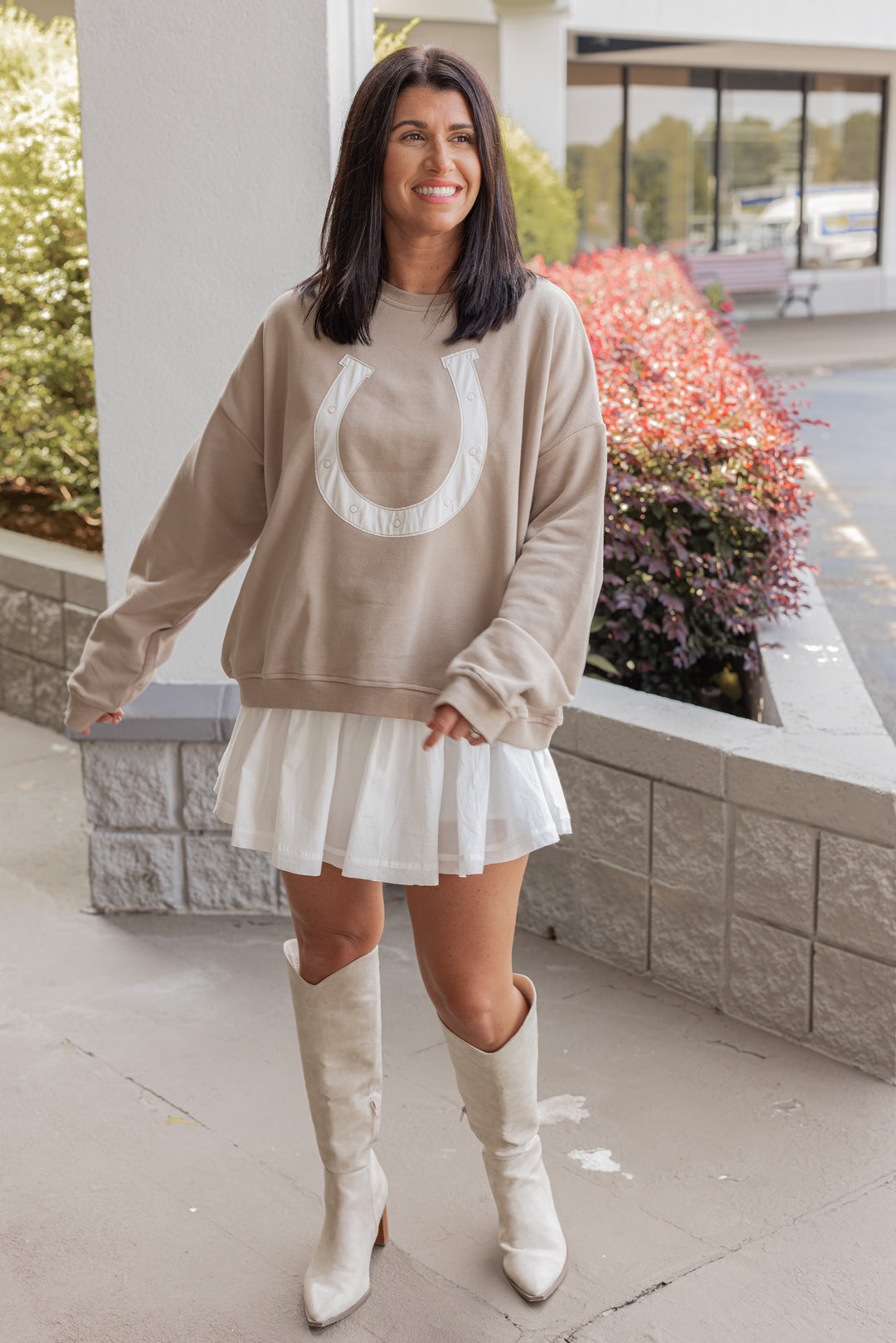 Women's taupe terry knit pullover sweatshirt with a white horseshoe on front by Wishlist