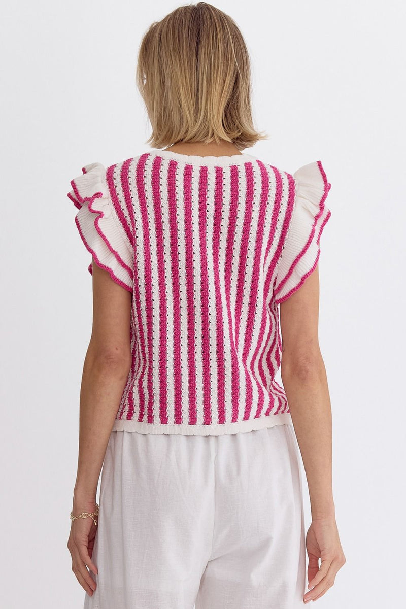 Entro Hot pink and ivory crocheted knit crop top with ruffled shoulders