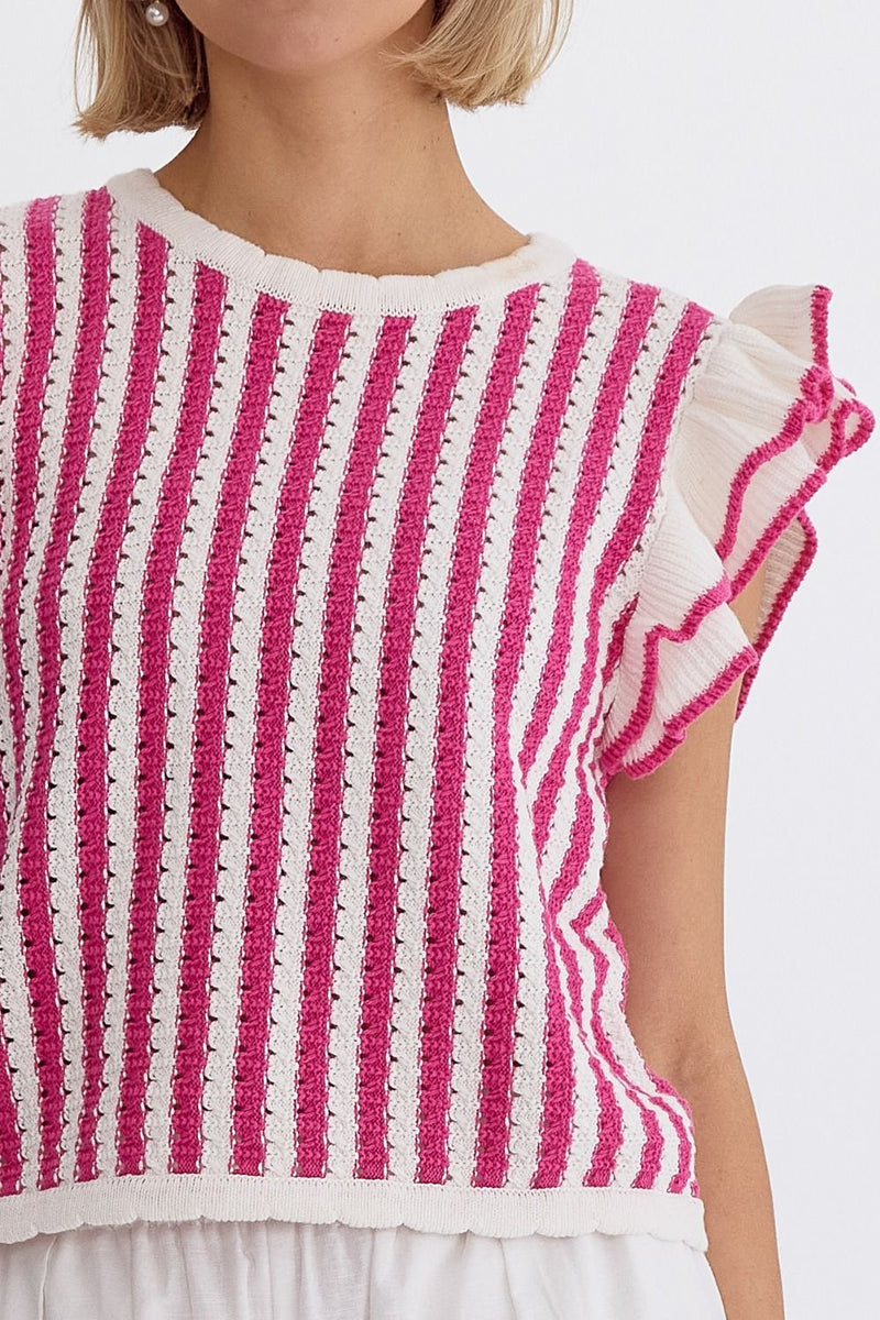 Entro Hot pink and ivory crocheted knit crop top with ruffled shoulders