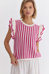 Entro Hot pink and ivory crocheted knit crop top with ruffled shoulders