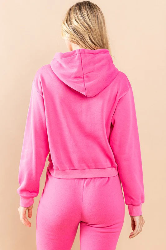 hot pink cropped hoodie pants set