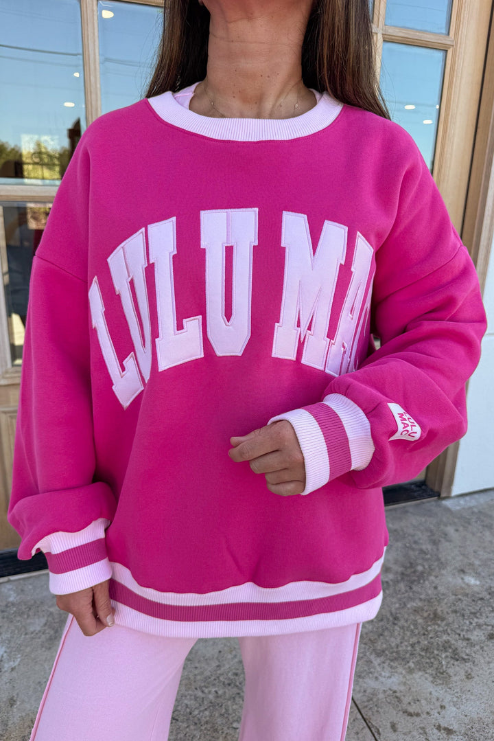 hot pink and light pink combo embroidered lulu mac long sleeve crew neckline sweatshirt
