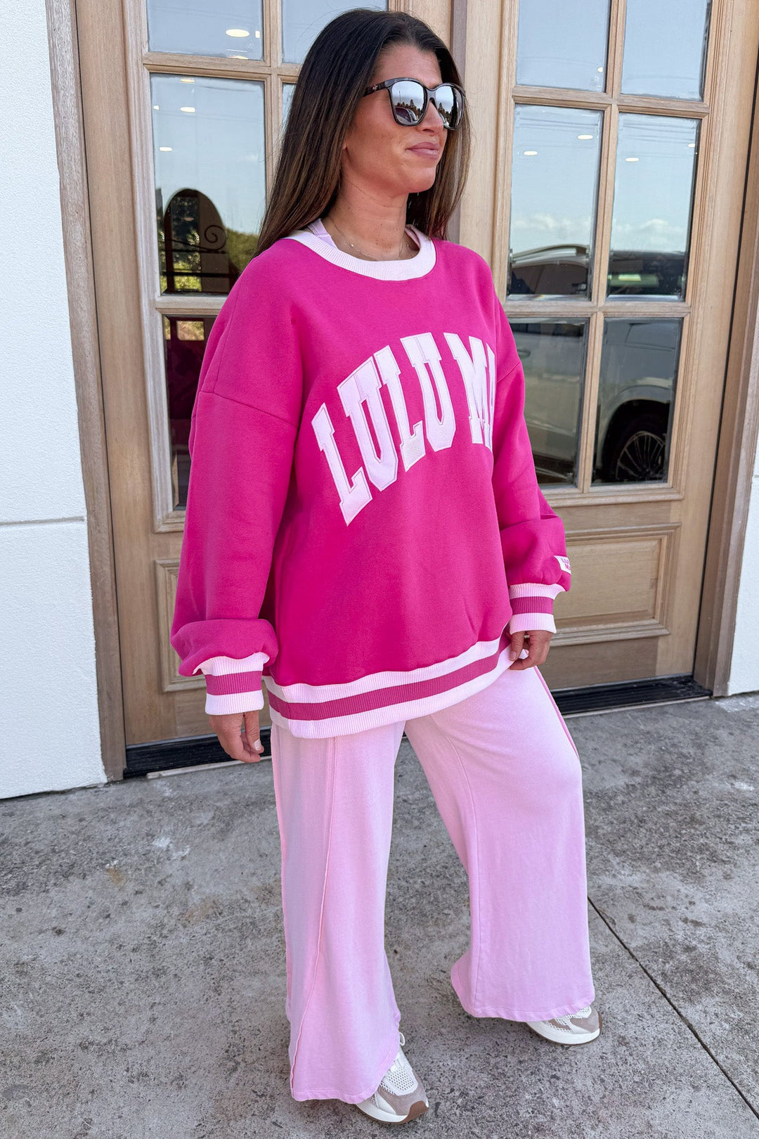 hot pink and light pink combo embroidered lulu mac cuffed long sleeve sweatshirt