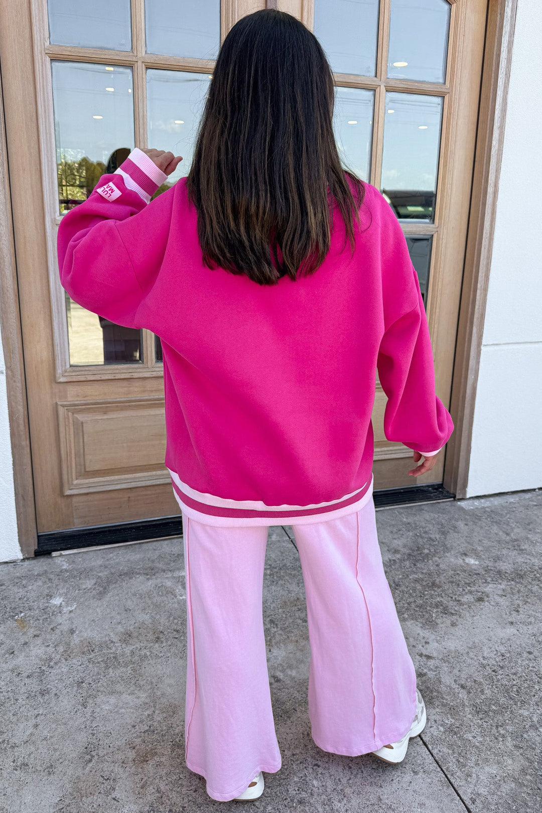 hot pink and light pink combo embroidered lulu mac long sleeve sweatshirt with ribbed trim