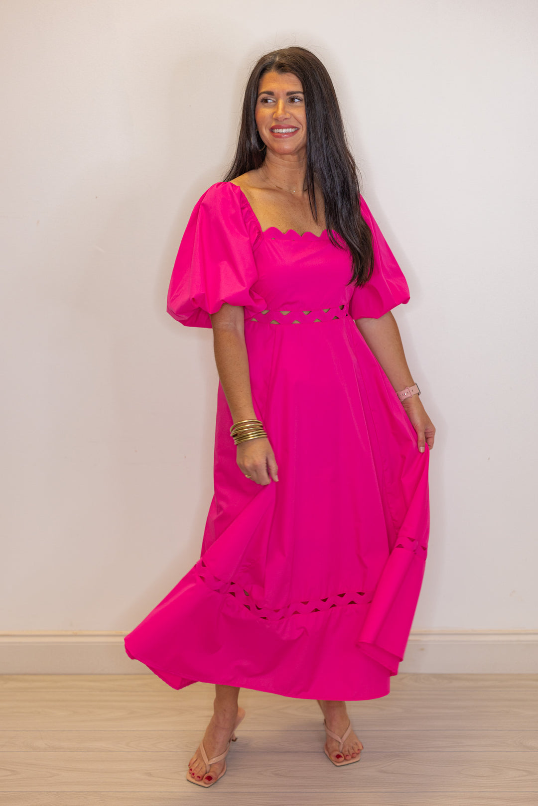 hot pink empire waist midi dress