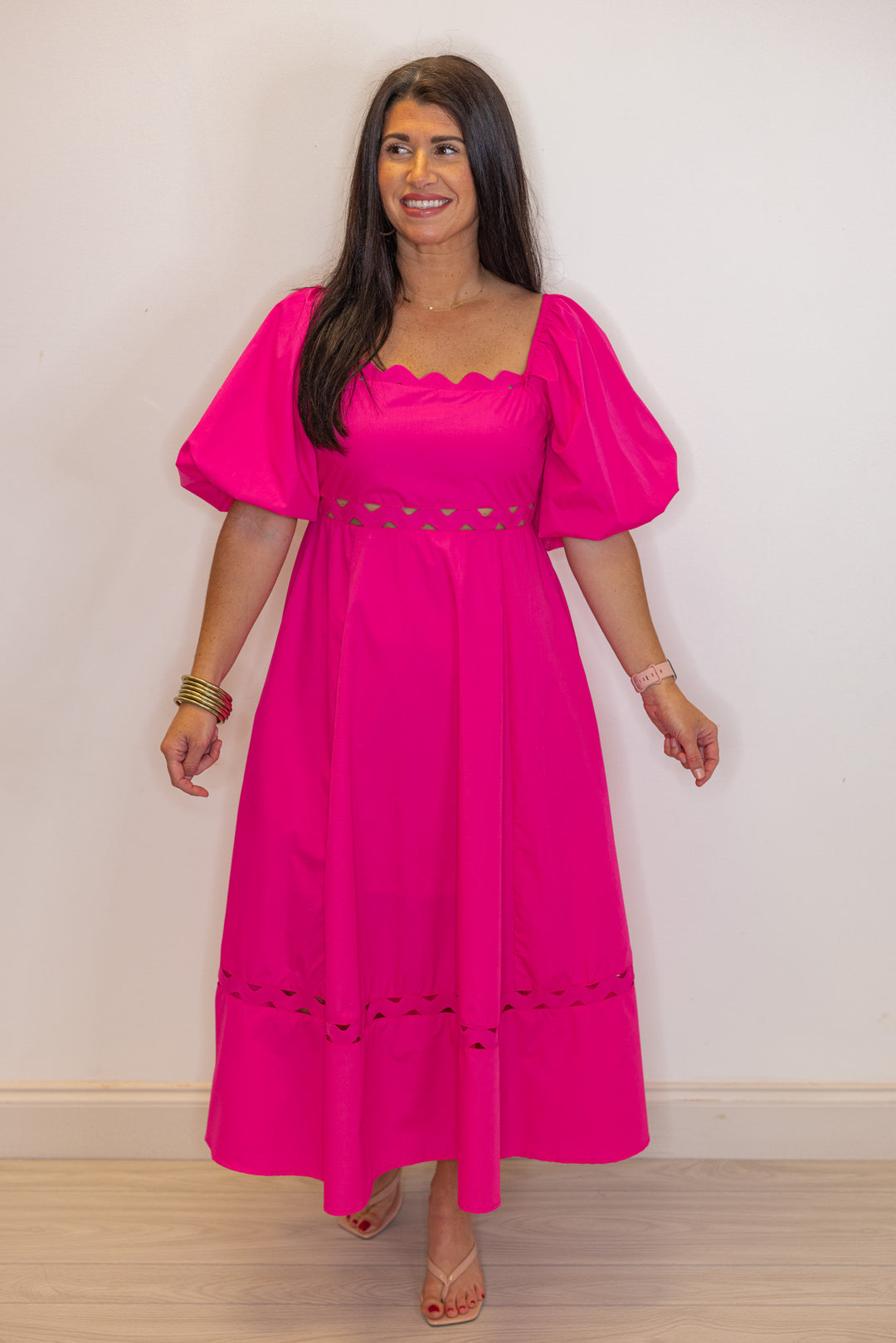 hot pink empire waist midi dress