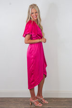 hot pink midi wrap belted dress