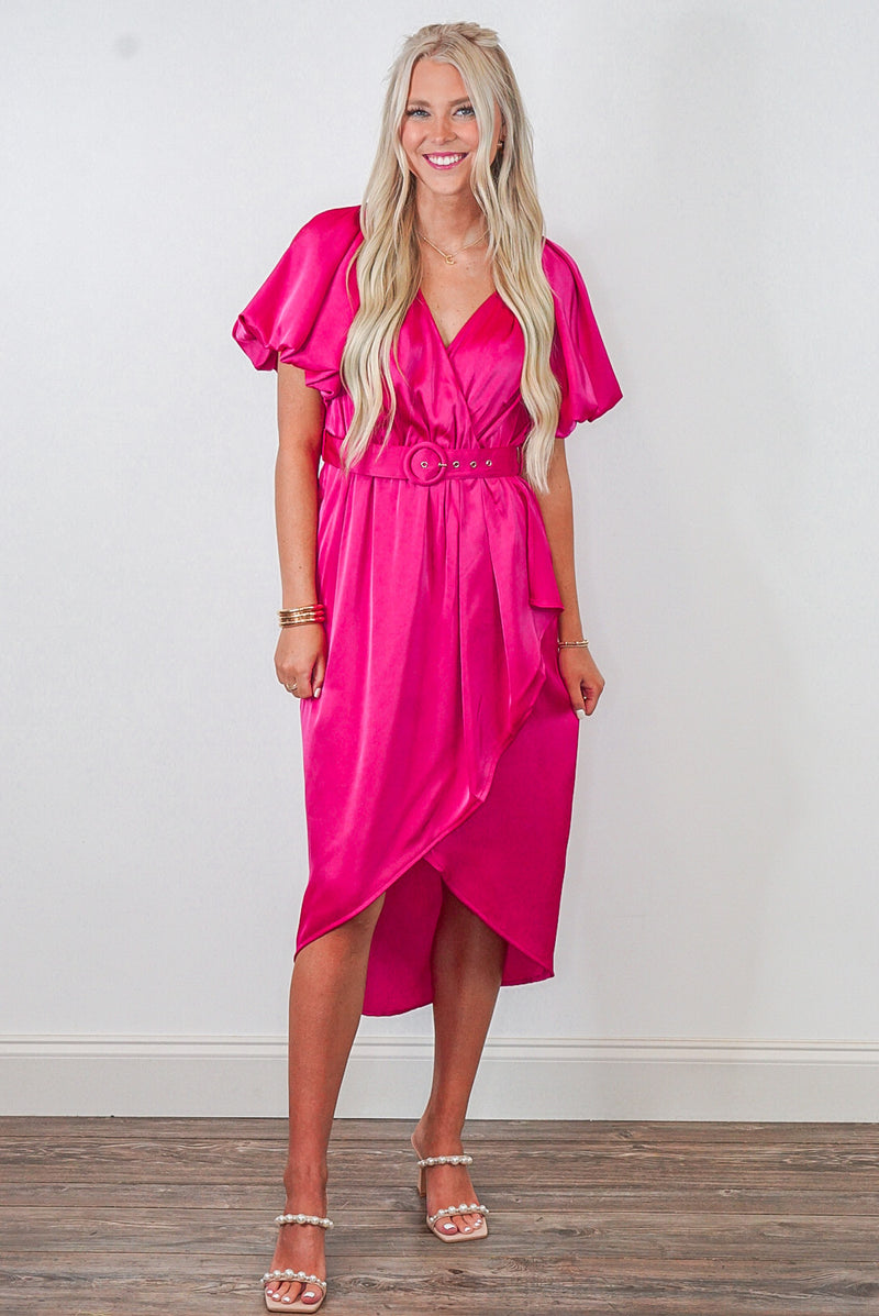 hot pink midi wrap belted dress