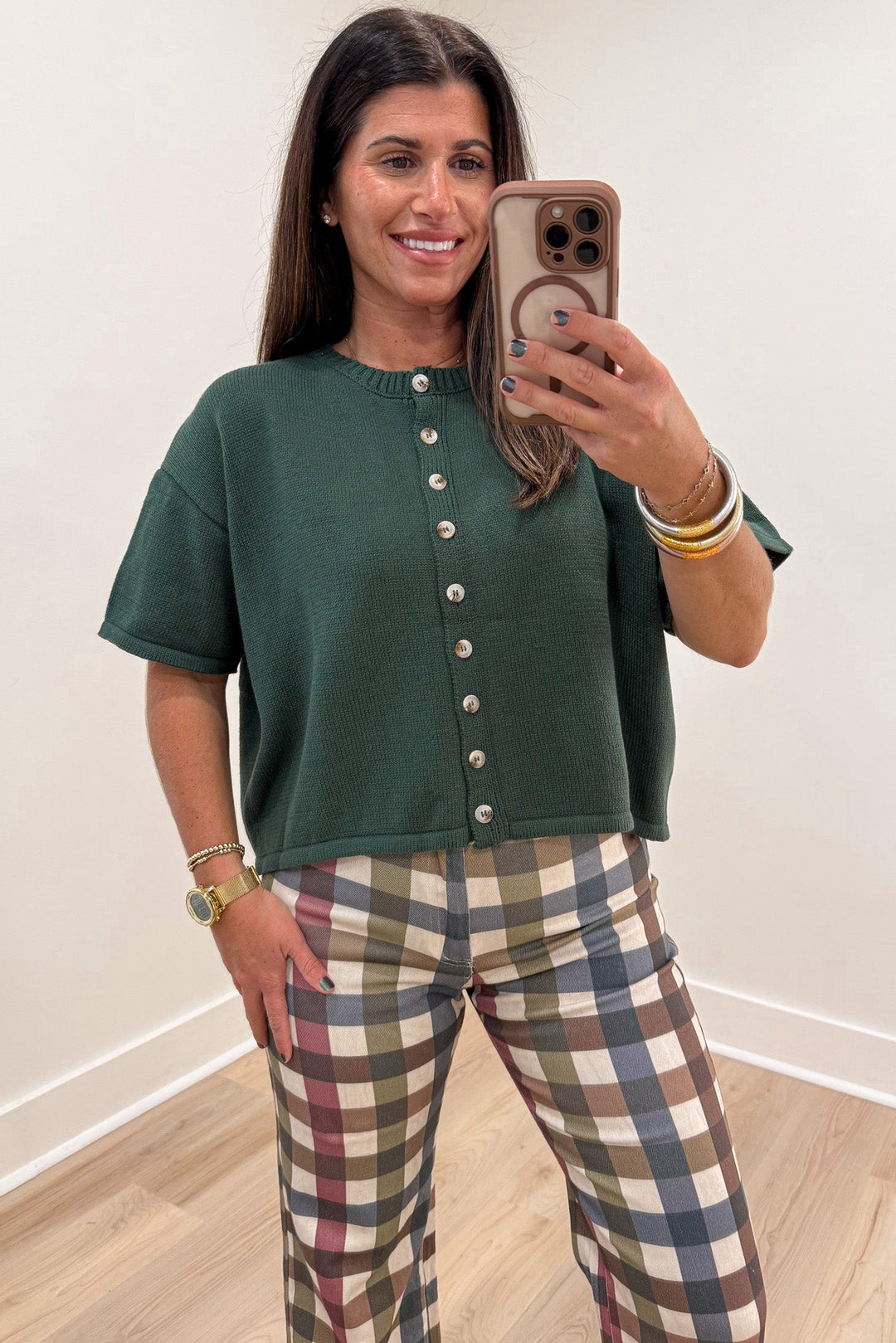 solid hunter green crew neckline button front short sleeve knit cardigan top