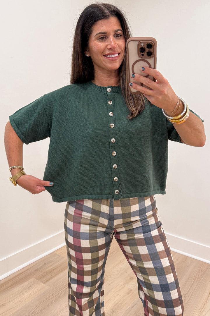 solid hunter green crew neckline button front short sleeve relaxed silhouette knit cardigan top