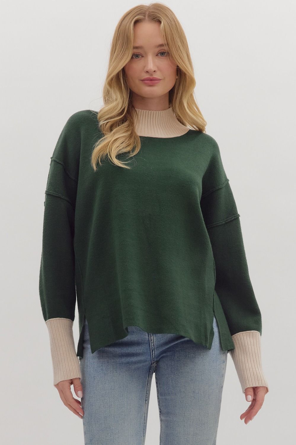 Women's hunter green sweater knit pullover top with cream ribbed trim by Entro