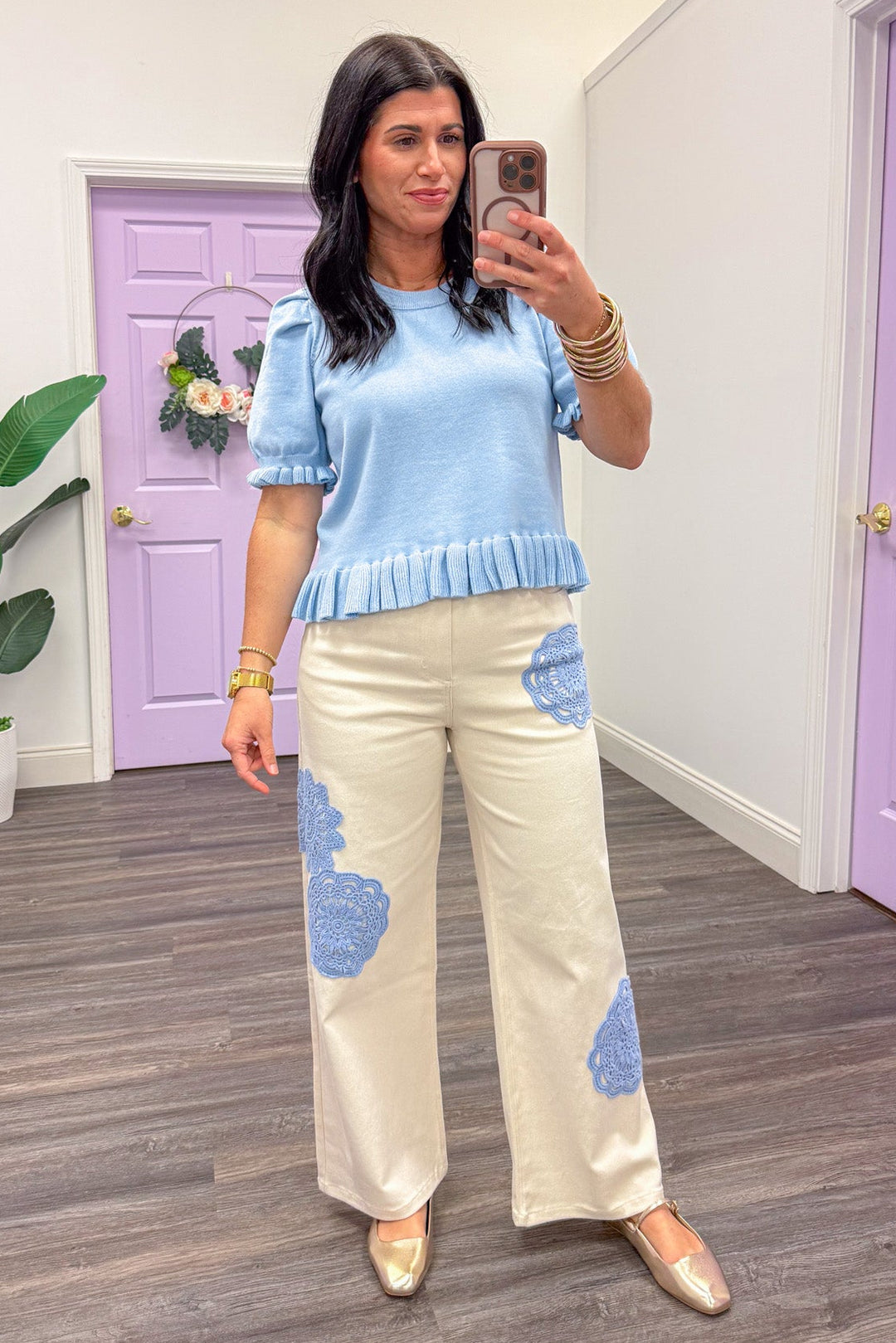 cream twill blue embroidery detail wide leg pants