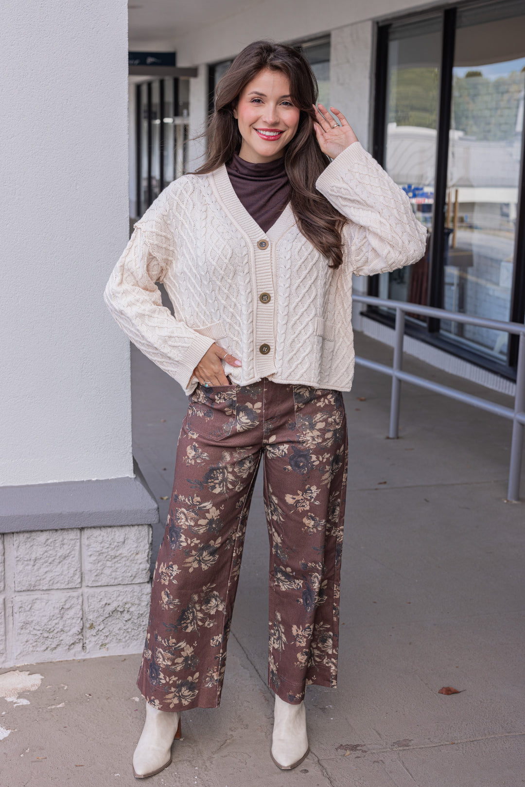 Women's brown twill floral print wide leg pants by Entro showing full front view