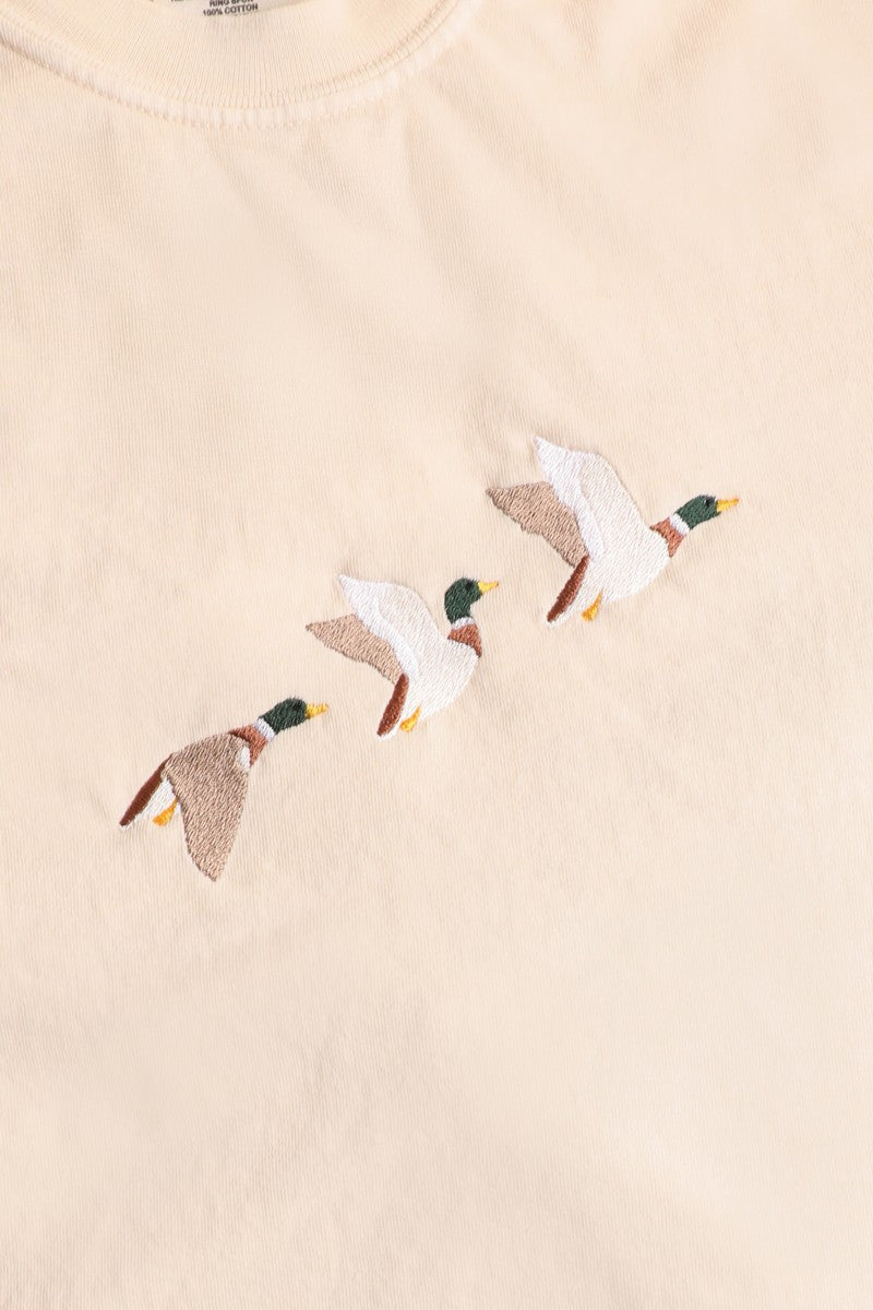 trio flying mallard ducks embroidered women's tshirt