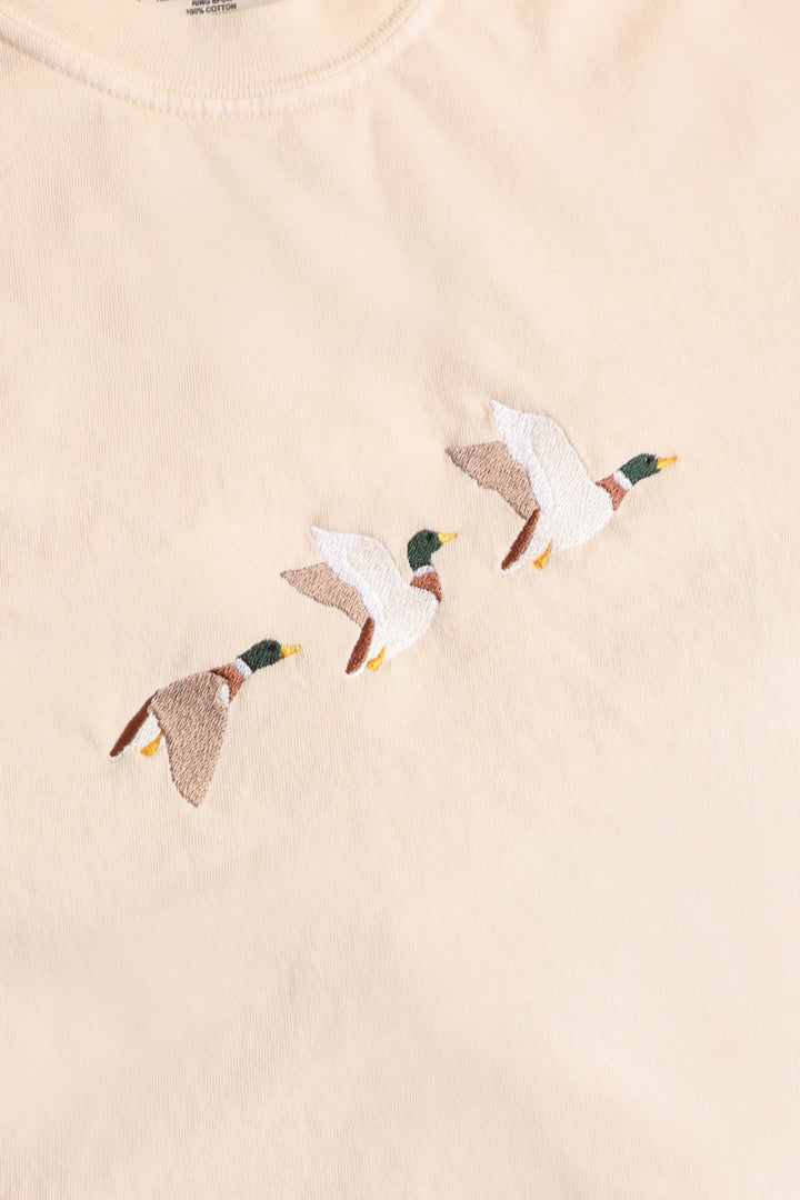 trio flying mallard ducks embroidered women's tshirt