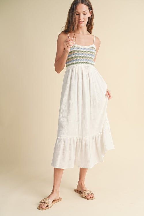 Wishlist Ivory sleeveless crinkle gauze midi dress with crocheted striped bodice