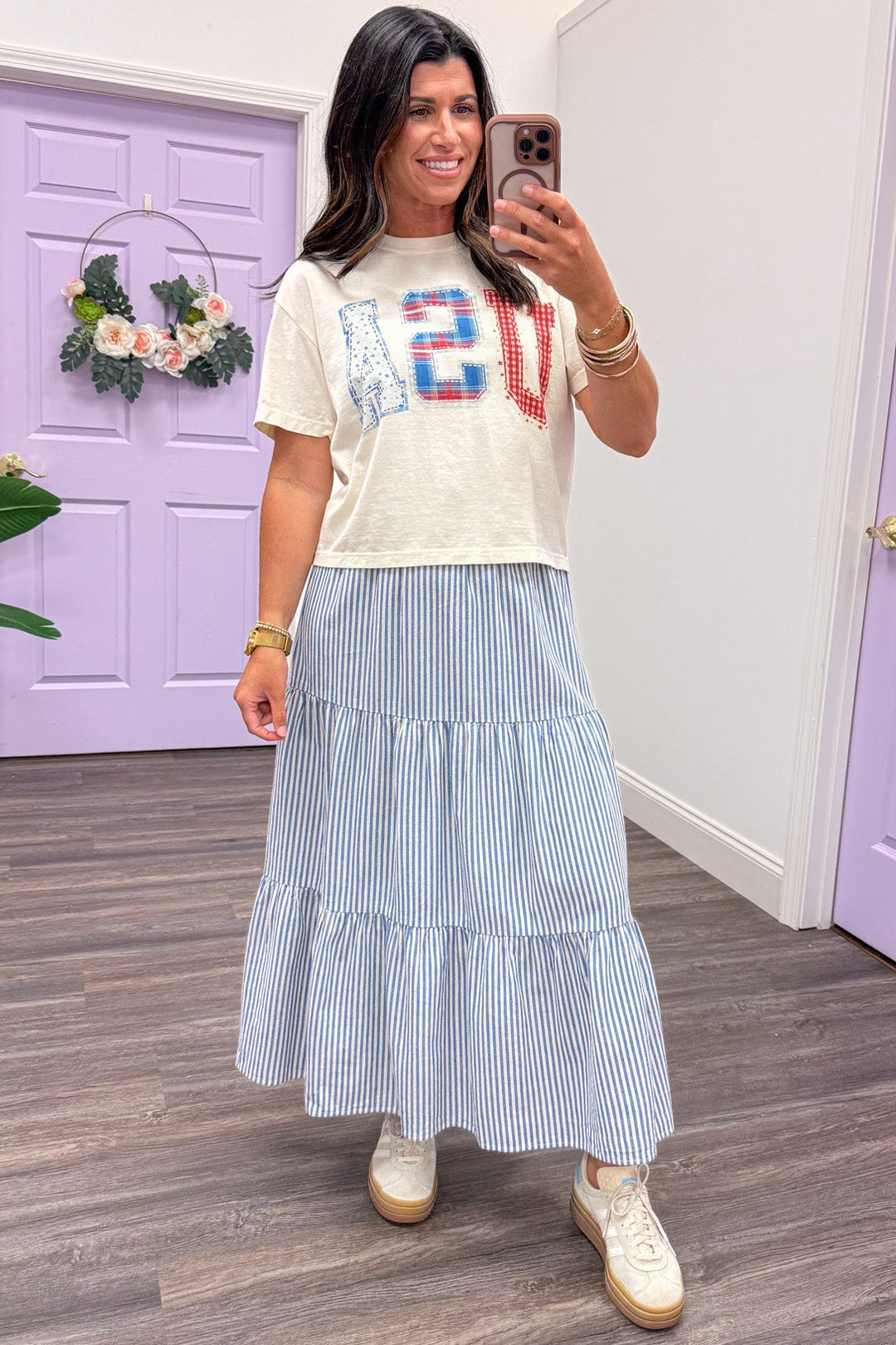 ivory semi-cropped boxy short sleeve usa patchwork letter graphic tee
