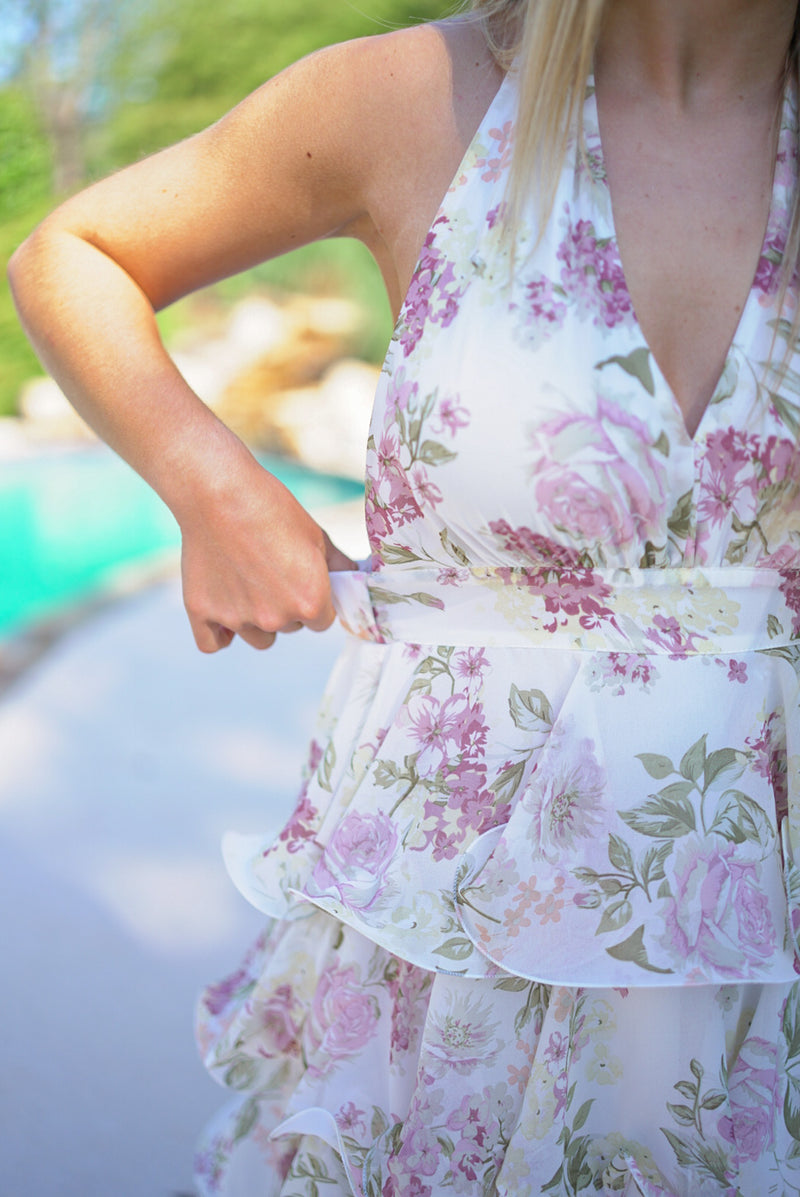 ivory floral tiered halter maxi dress