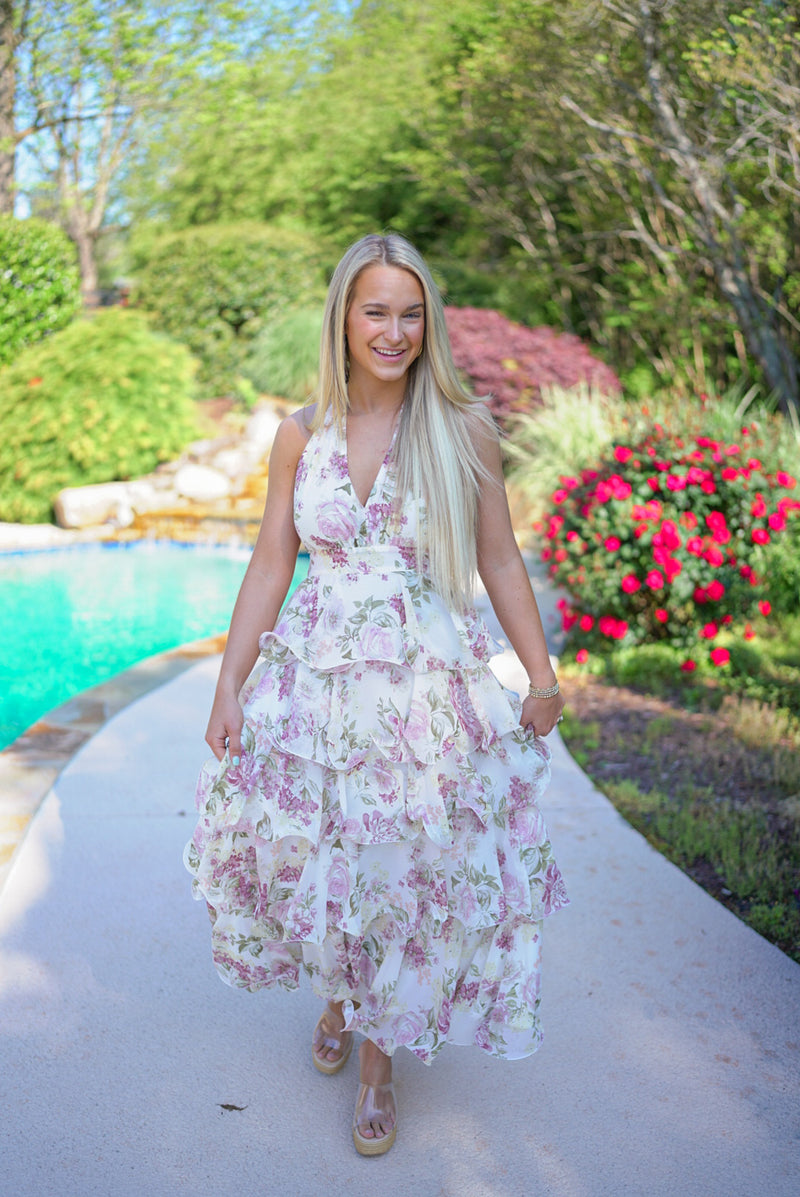 ivory floral tiered halter maxi dress