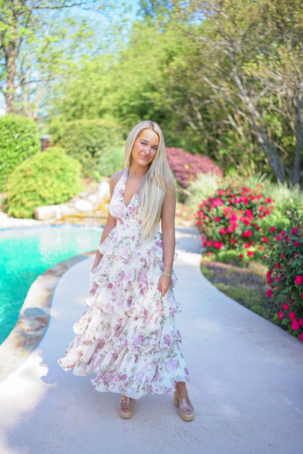 ivory floral tiered halter maxi dress