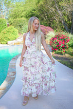 ivory floral tiered halter maxi dress