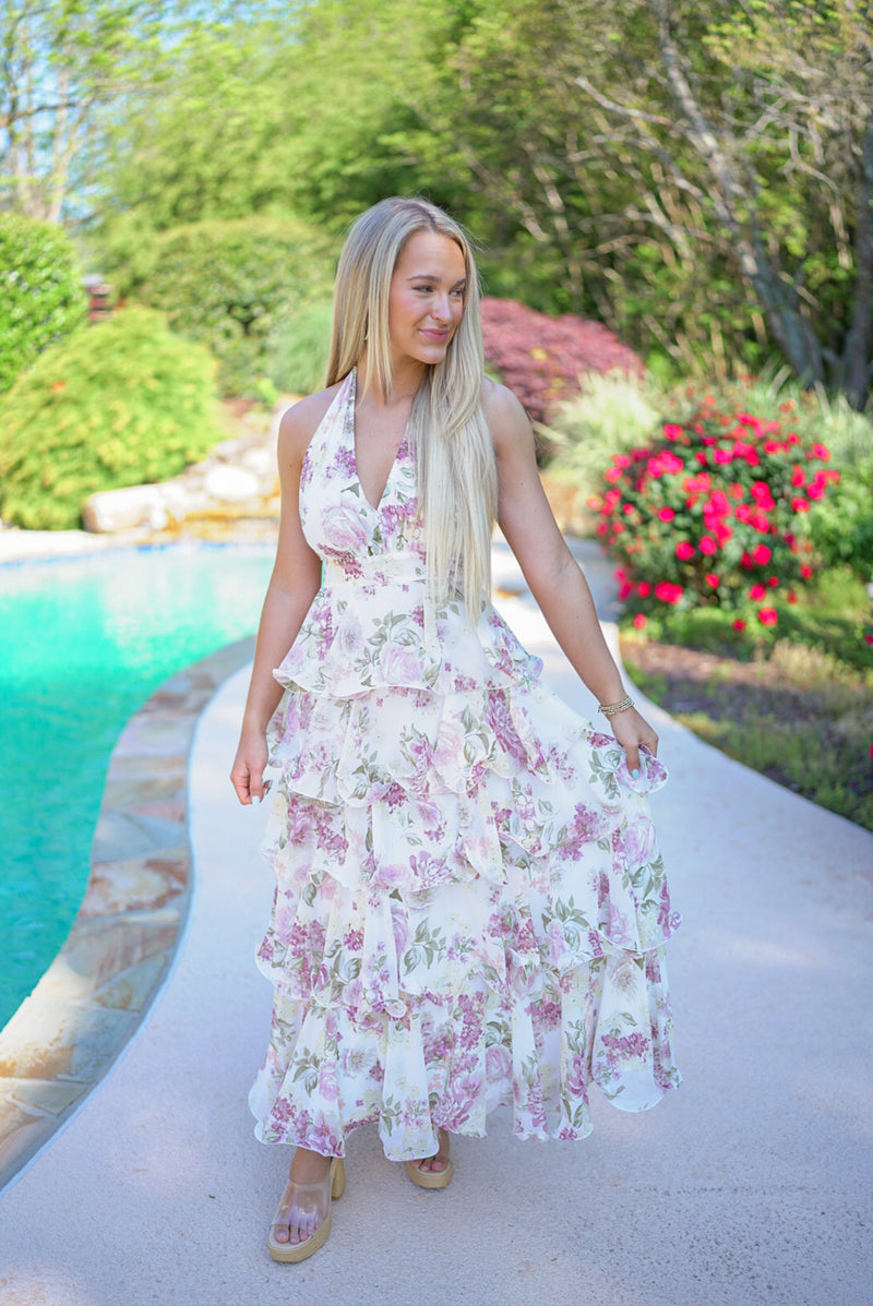 ivory floral tiered halter maxi dress