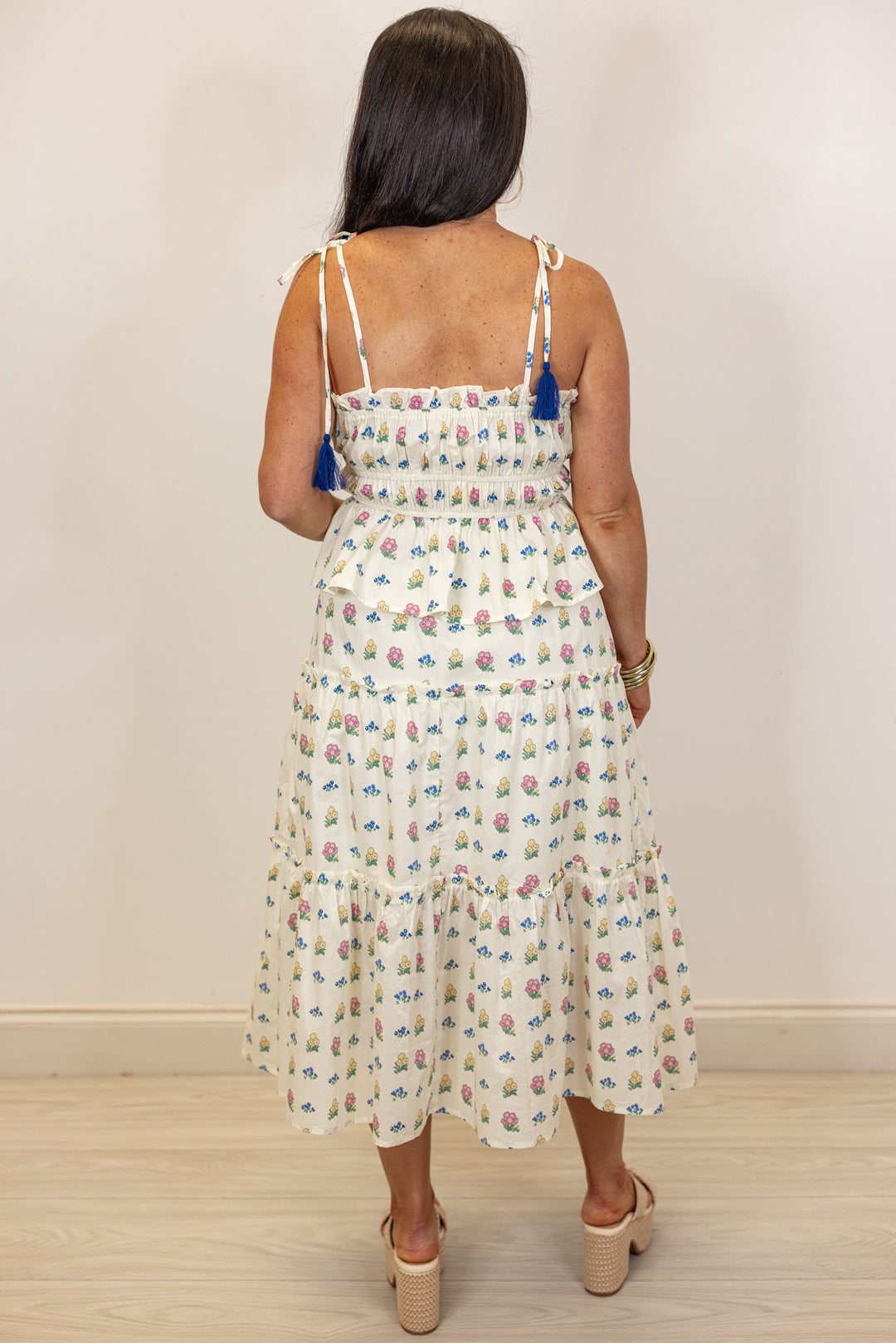 ivory floral elastic waist flowy midi skirt