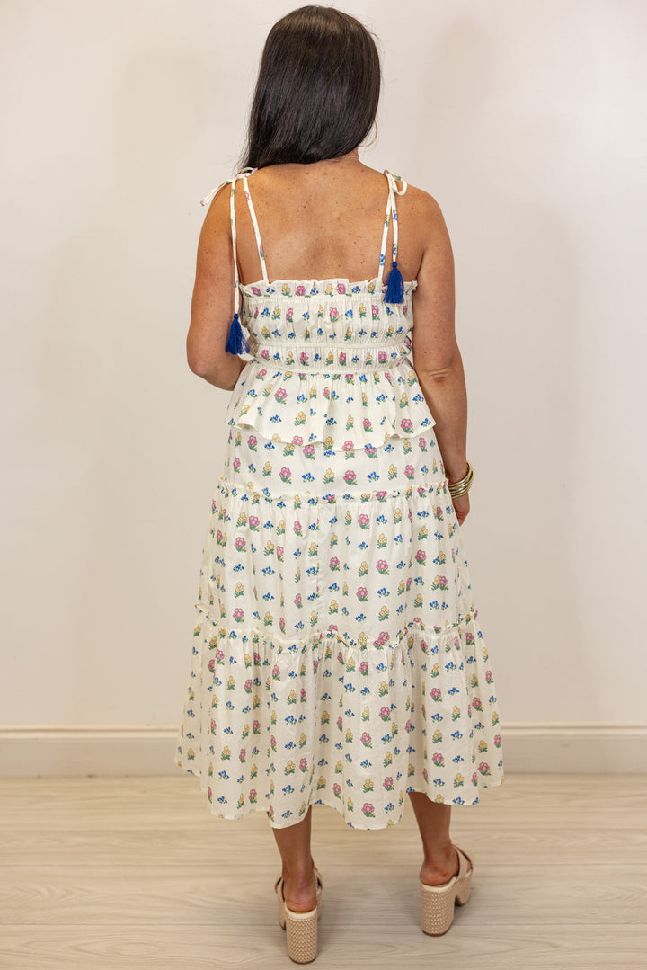 ivory floral elastic waist flowy midi skirt