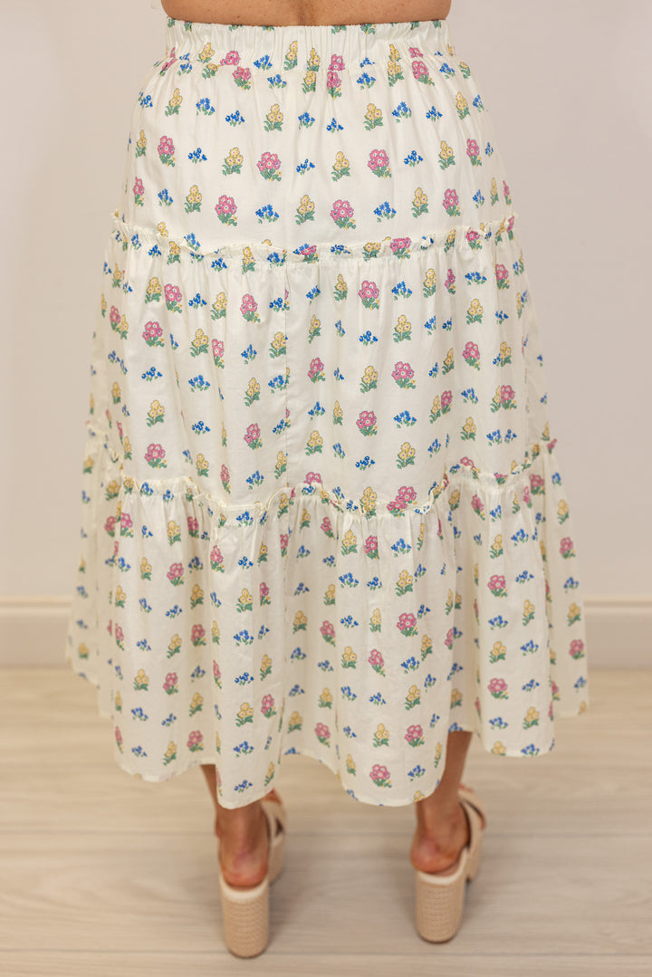 ivory floral elastic waist flowy midi skirt