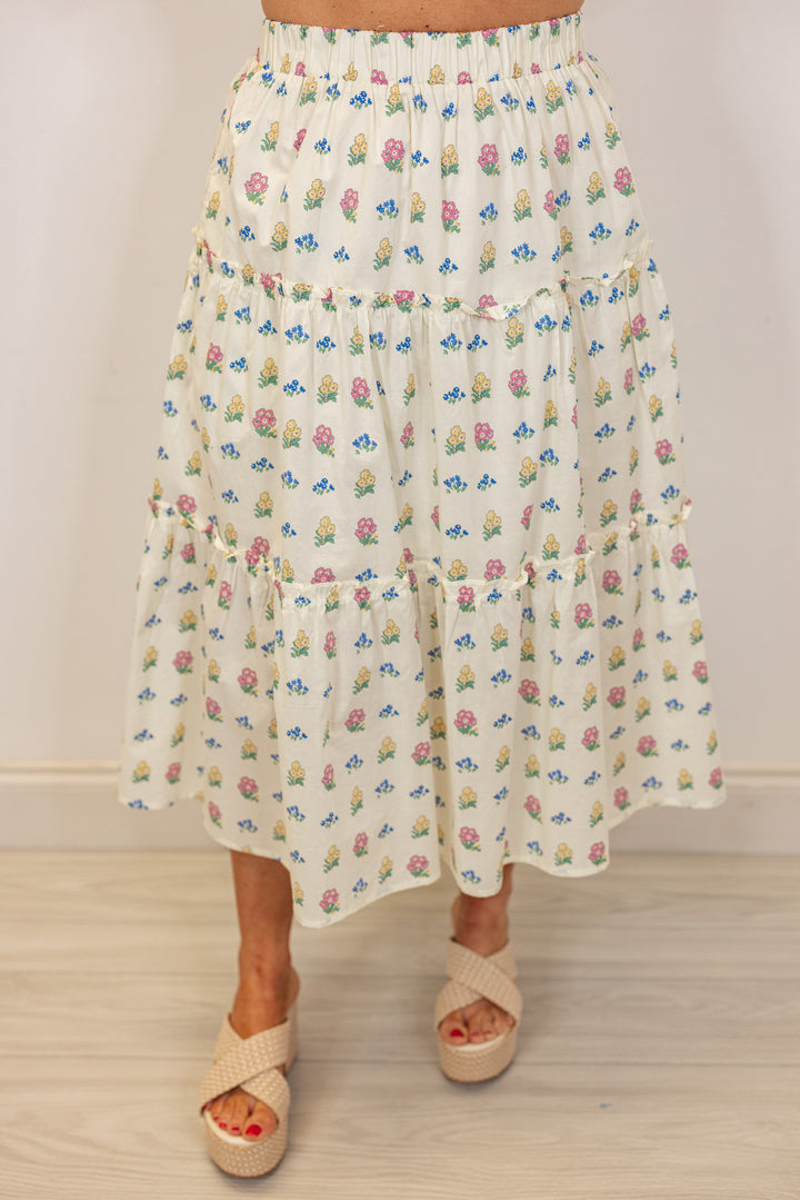 ivory floral elastic waist flowy midi skirt