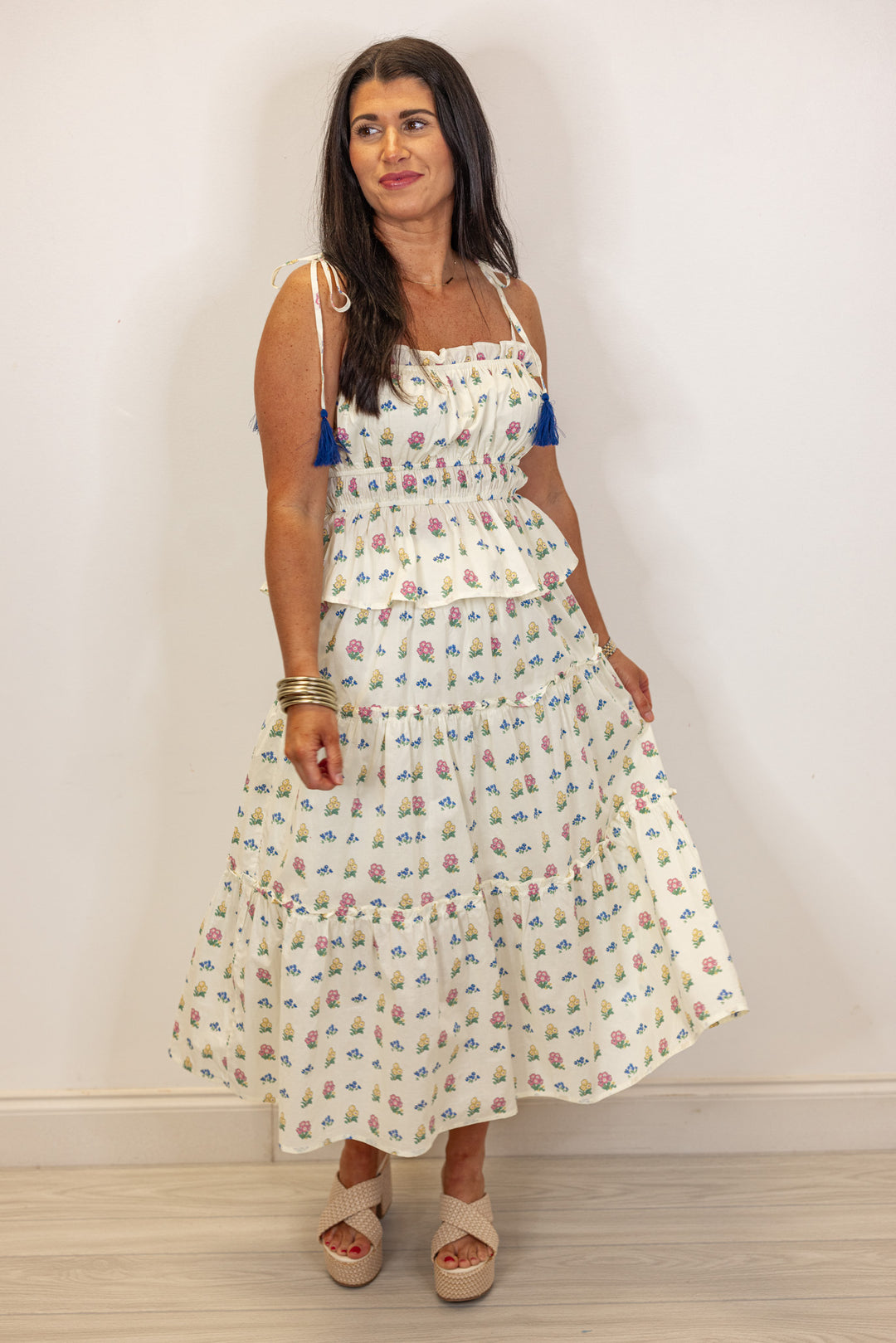 ivory floral elastic waist flowy midi skirt