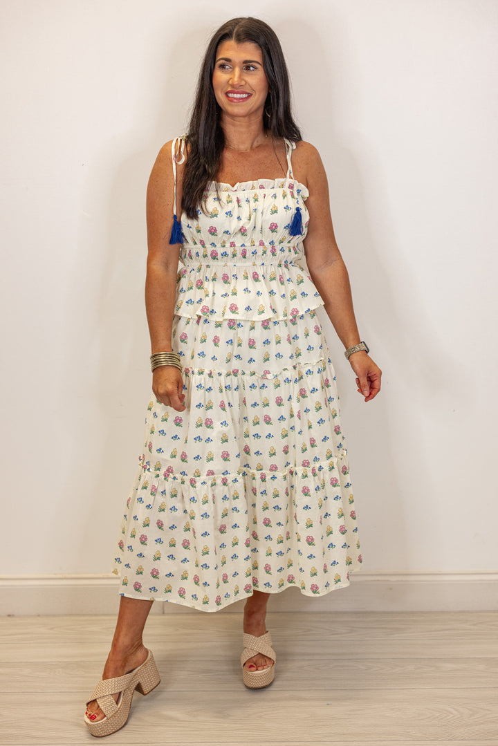 ivory floral elastic waist flowy midi skirt