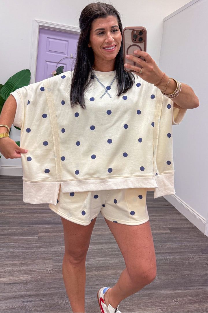 ivory with navy polka dot print terry knit dolman top relaxed silhouette