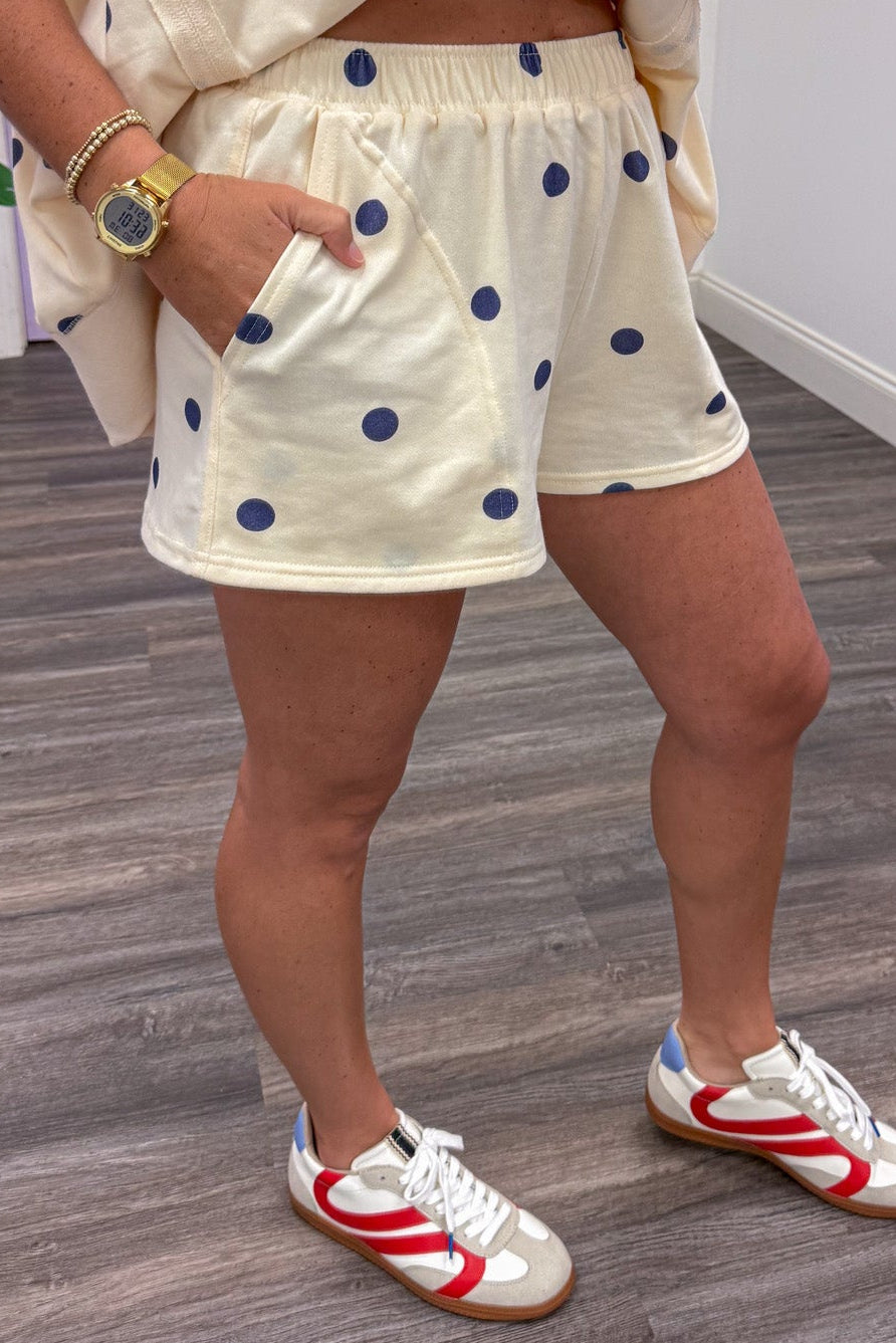 ivory with navy polka dot print terry knit shorts relaxed silhouette