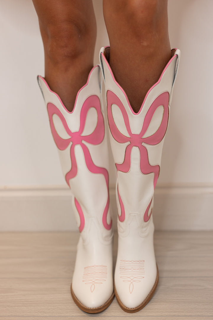 ivory pink bow leather western boots