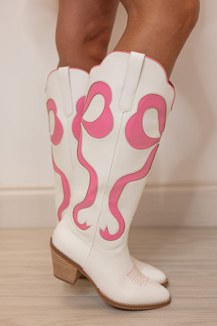 ivory pink bow leather western boots