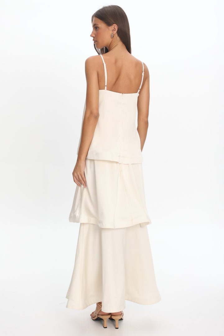 Ivory satin layered maxi dress with adjustable spaghetti straps