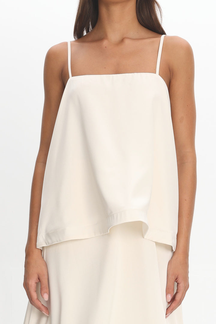 Ivory satin layered maxi dress with square neckline