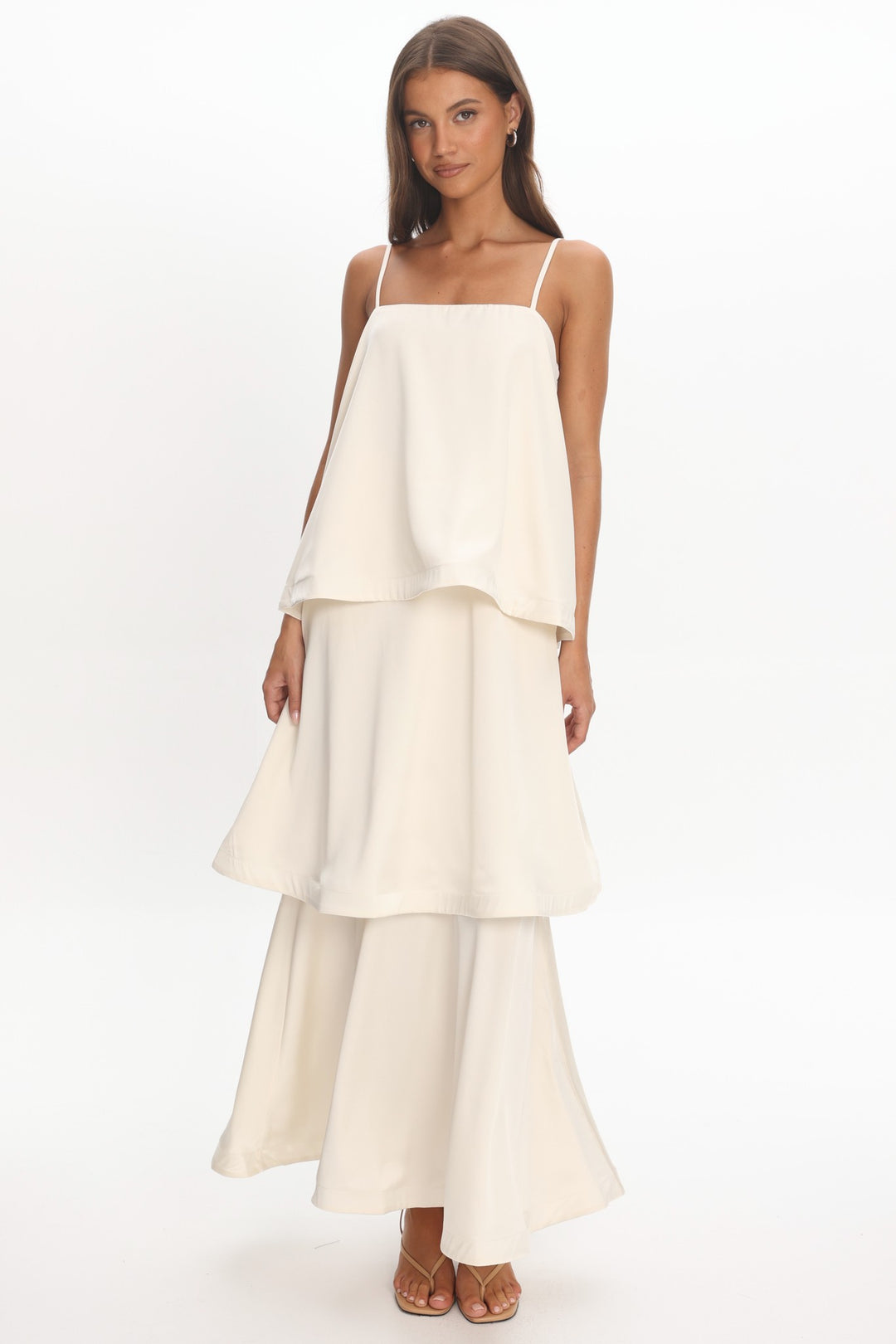 Ivory satin sleeveless layered maxi dress