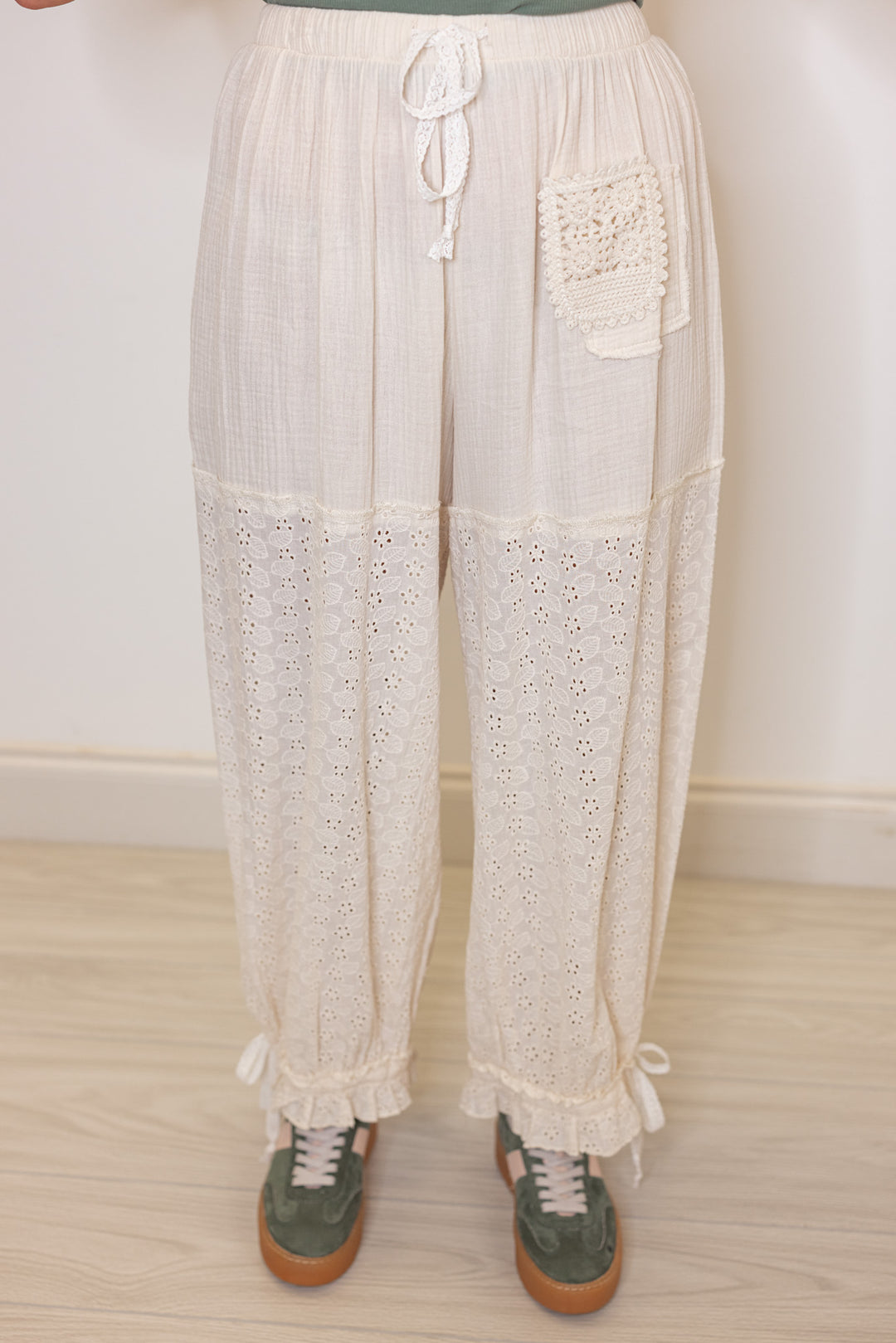 Women's eyelet lace and gauze wide balloon leg jogger pants in natural by POL showing up close front view