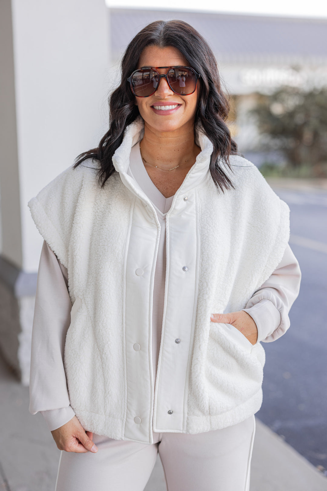 Women's ivory sherpa vest by Rae Mode